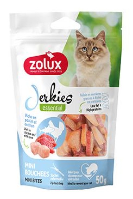 Pochoutka kočka JERKIES MINI plátky kuře,tuňák 50g Zol